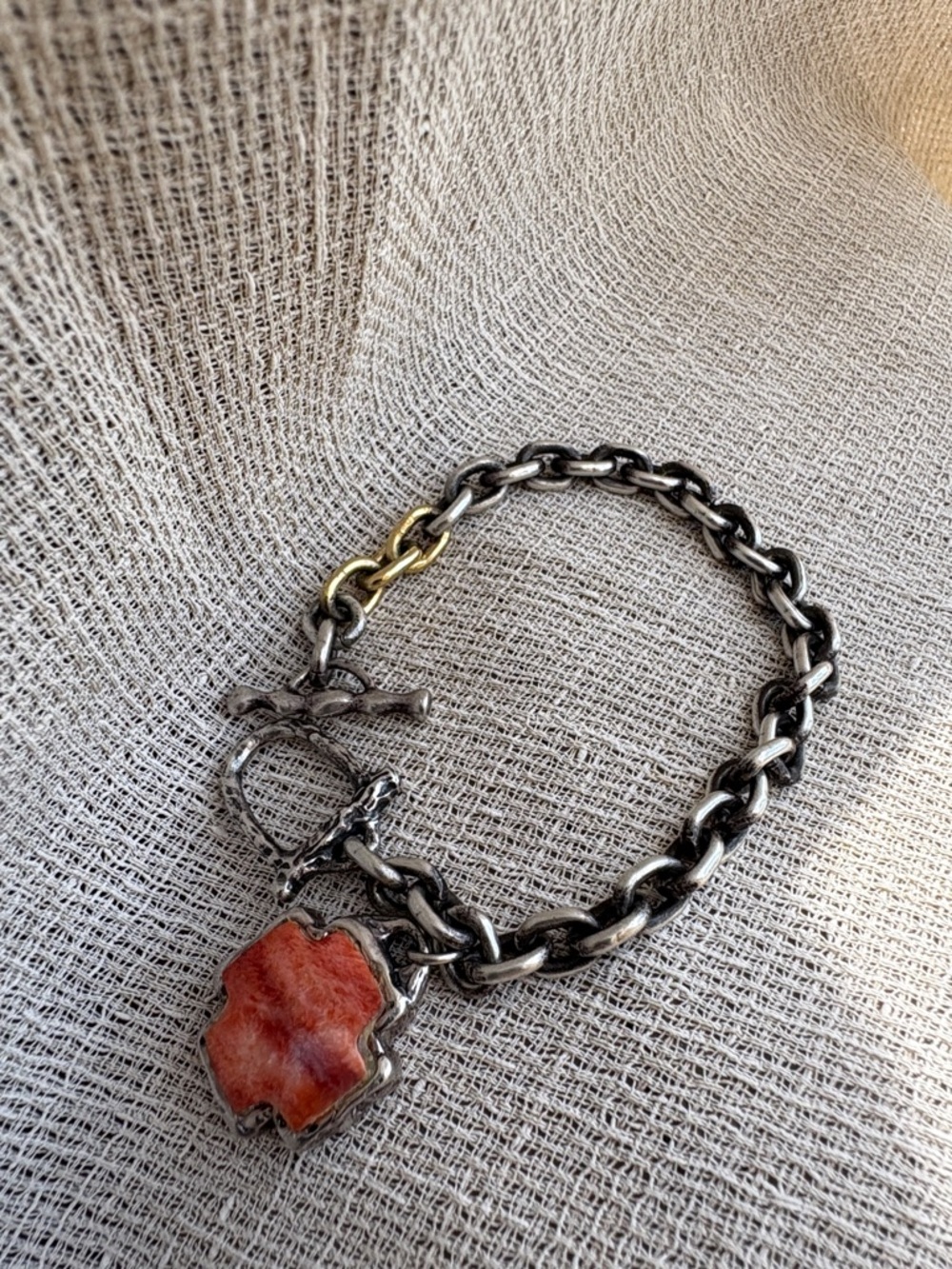 Sterling Silver and 18k Gold Chain Bracelet with Coral Cross Charm
